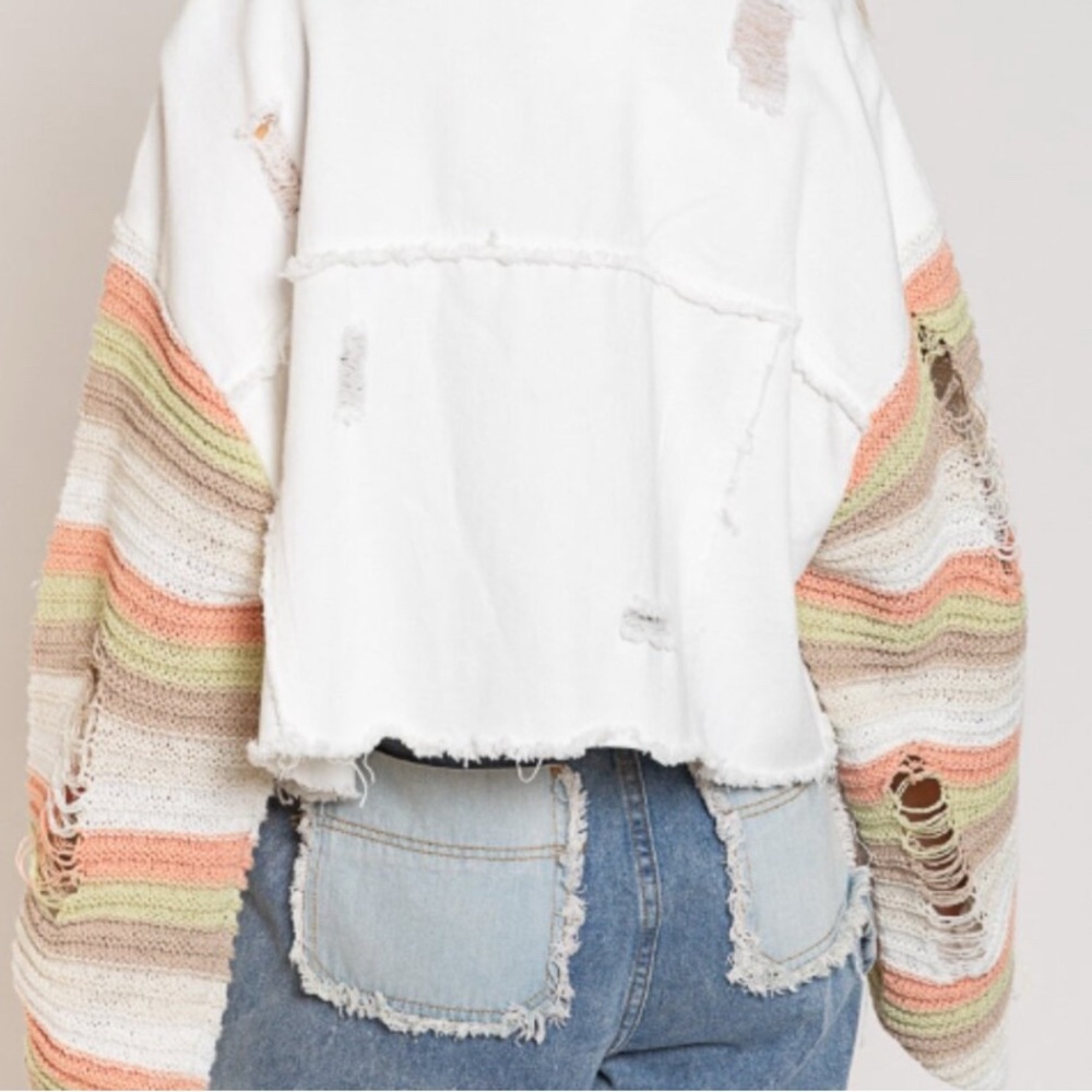 POL Distressed Jean Jacket White with Crochet Sleeves Pink Green Size Medium - Picture 2 of 12